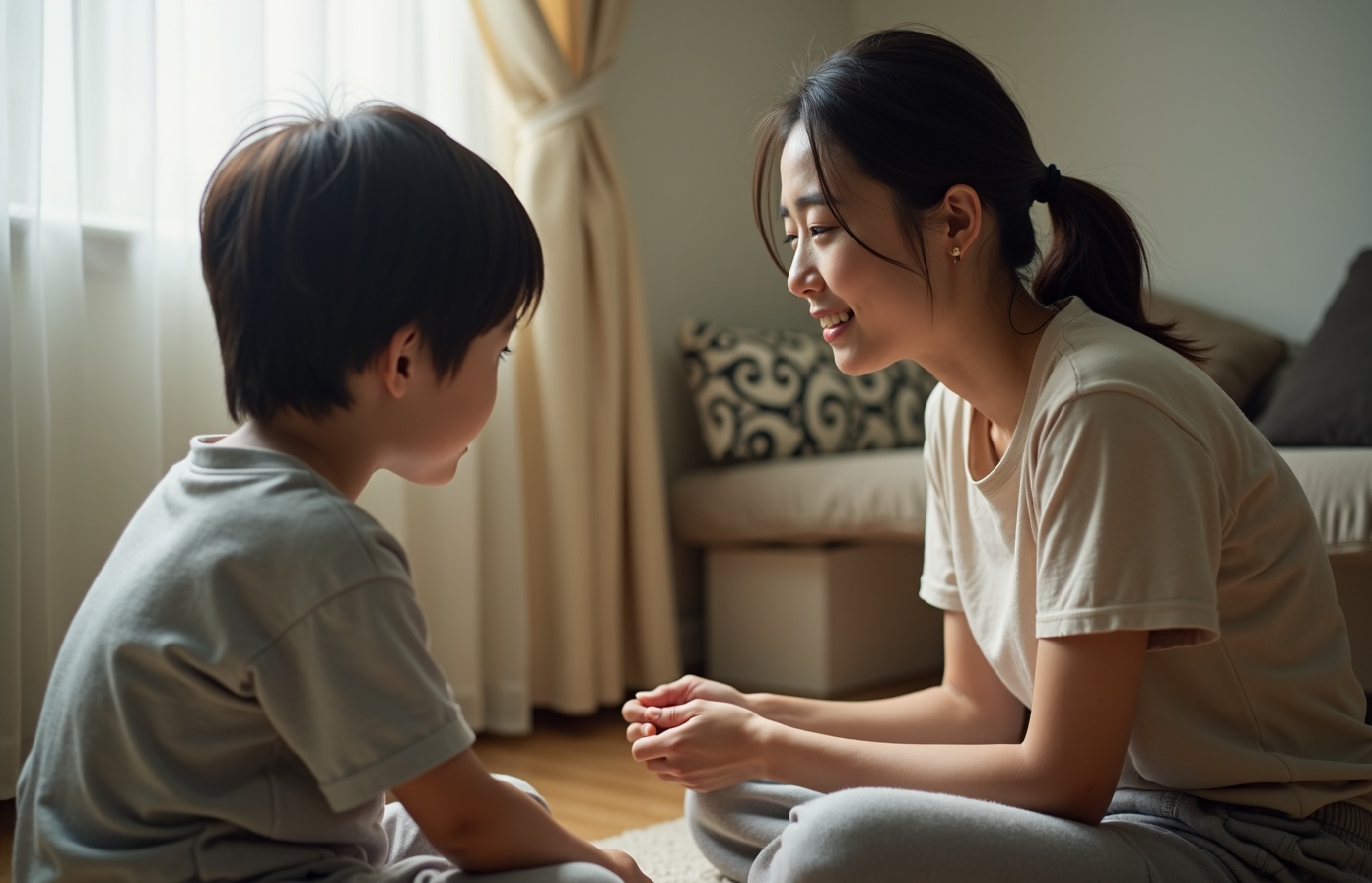 小学生の子どもと向き合うお母さんの場面